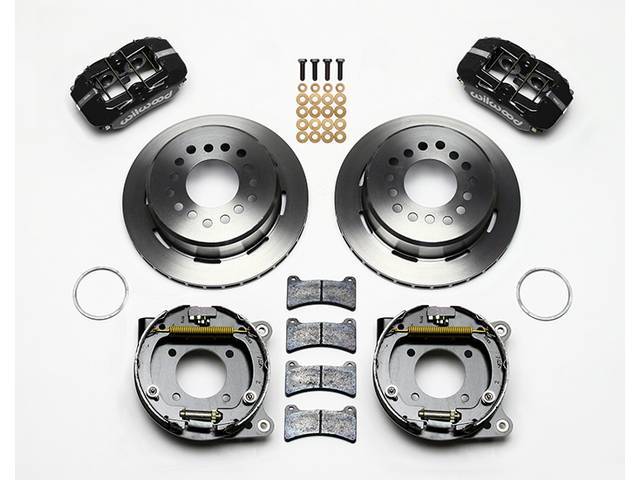 DISC CONVERSION KIT, Rear, Low Profile Dynapro Series by Wilwood, fits 2.75 and 2.81 axle offset, kit incl Dynalite 4 piston calipers (Black powder coated finish), plain face 11 inch O.D. iron rotors (5 x 4.75 inch bolt circle and drilled to slide over 1/