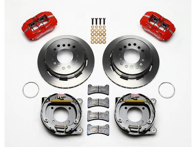 DISC CONVERSION KIT, Rear, Low Profile Dynapro Series by Wilwood, fits 2.75 and 2.81 axle offset, kit incl Dynalite 4 piston calipers (Red powder coated finish), plain face 11 inch O.D. iron rotors (5 x 4.75 inch bolt circle and drilled to slide over 1/2 