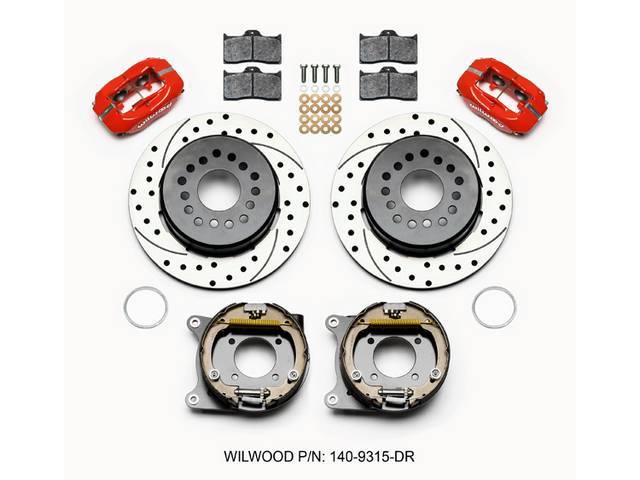 DISC CONVERSION KIT, Rear, Forged Dynalite Series by Wilwood, fits 2.75 and 2.81 axle offset, kit incl Dynalite 4 piston calipers (Red powder coated finish), SRP drilled and slotted 12.19 inch O.D. iron rotors (5 x 4.75 inch bolt circle and drilled to sli