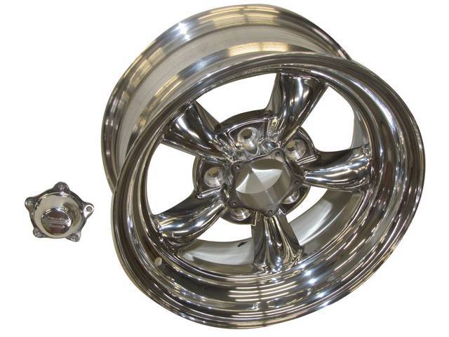 Wheel, Torq Thrust II, one piece Polished Alloy, 15 Inch O.D. X 7 Inch Width, 5 x 4 3/4 Inch Bolt Circle, 3 3/4 Inch Back Spacing, Incl Center Cap
