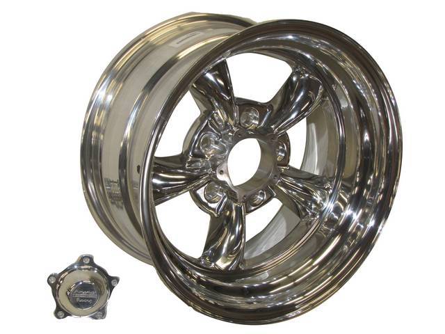 Wheel, Torq Thrust II, one piece Polished Alloy, 15 Inch O.D. X 8 Inch Width, 5 x 4 3/4 Inch Bolt Circle, 3 3/4 Inch Back Spacing, Incl Center Cap