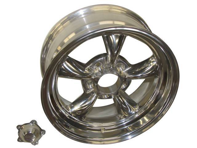 Wheel, Torq Thrust II, one piece Polished Alloy, 16 Inch O.D. X 7 Inch Width, 5 x 4 3/4 Inch Bolt Circle, 4 Inch Back Spacing, Incl Center Cap