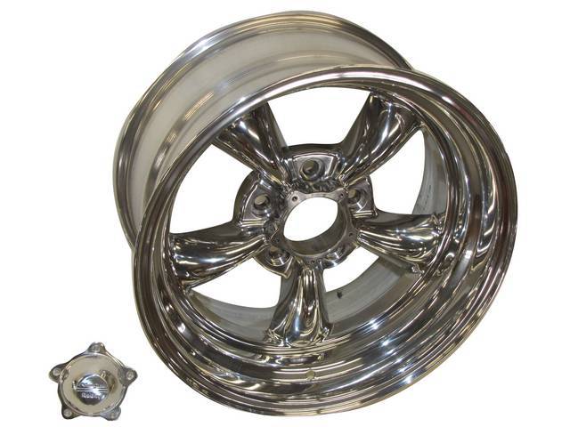 Wheel, Torq Thrust II, one piece Polished Alloy, 16 Inch O.D. X 8 Inch Width, 5 x 4 3/4 Inch Bolt Circle, 4 Inch Back Spacing, Incl Center Cap