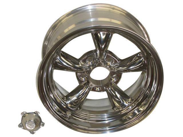 Wheel, Torq Thrust II, one piece Polished Alloy, 16 Inch O.D. X 8 Inch Width, 5 x 4 3/4 Inch Bolt Circle, 4 3/4 Inch Back Spacing, Incl Center Cap