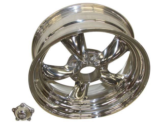 Wheel, Torq Thrust II, one piece Polished Alloy, 17 Inch O.D. X 7 Inch Width, 5 x 4 3/4 Inch Bolt Circle, 4 Inch Back Spacing, Incl Center Cap