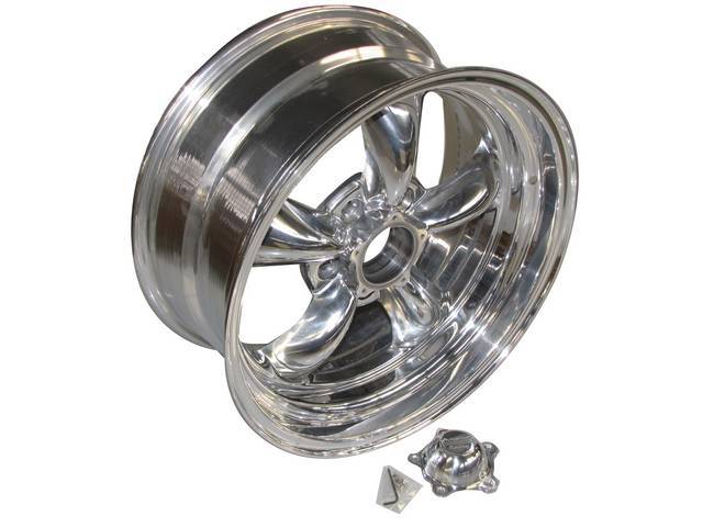 Wheel, Torq Thrust II, one piece Polished Alloy, 17 Inch O.D. X 8 Inch Width, 5 x 4 3/4 Inch Bolt Circle, 4 3/4 Inch Back Spacing, Incl Center Cap