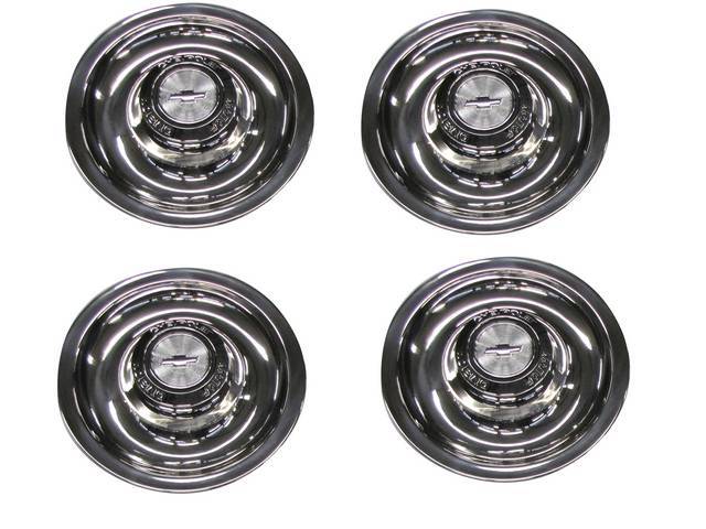 HUB CAP SET, RALLY WHEEL, (8) INCL FOUR OF P/N C-5858-12A CAP AND P/N C-5871-14A ORNAMENT, SHORT STYLE W/ *CHEVROLET MOTOR DIVISION*, REPRO