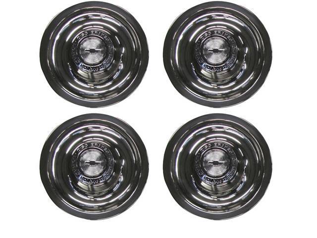 HUB CAP SET, RALLY WHEEL, (8) INCL FOUR OF P/N C-5858-12A CAP AND P/N C-5871-14B ORNAMENT, SHORT STYLE W/ *CHEVROLET MOTOR DIVISION-DISC BRAKES*, REPRO