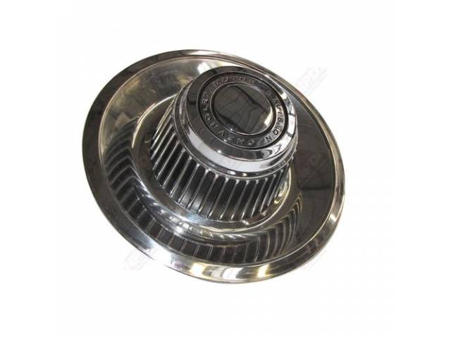 Tall Style Rally Wheel Hub (Center) Cap, 3 5/8 inch tall with "CHEVROLET MOTOR DIVISION" on top, GM