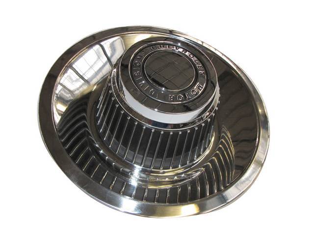 Tall Style Rally Wheel Hub (Center) Cap with "CHEVROLET MOTOR DIVISION" on top, oe-correct reproduction