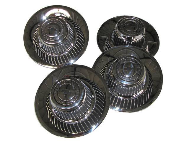 Tall Style Rally Wheel Hub (Center) Cap Set, 3 5/8 inch tall with "CHEVROLET MOTOR DIVISION" and Chevrolet "Bowtie" on top, reproduction