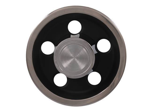 CENTER CAP ASSY, Rally I, Black finish on hub w/ polished outer ring and center cap, OE snap-on style (holes for lug nuts are big enough to allow cap install / removal w/o touching lug nuts, sold each, OE-style repro 