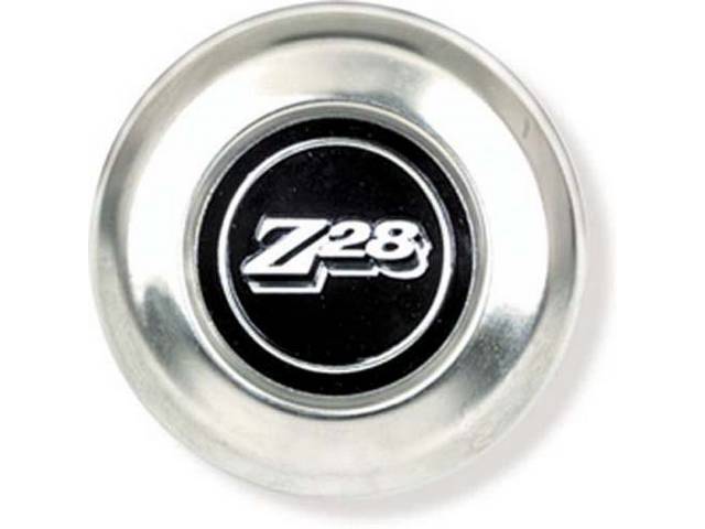 CAP, Hub, 3 prong cap w/ black center featuring *Z/28* in the center, higher polished finish and slight lip at the bottom of the cap versus GM original, Repro