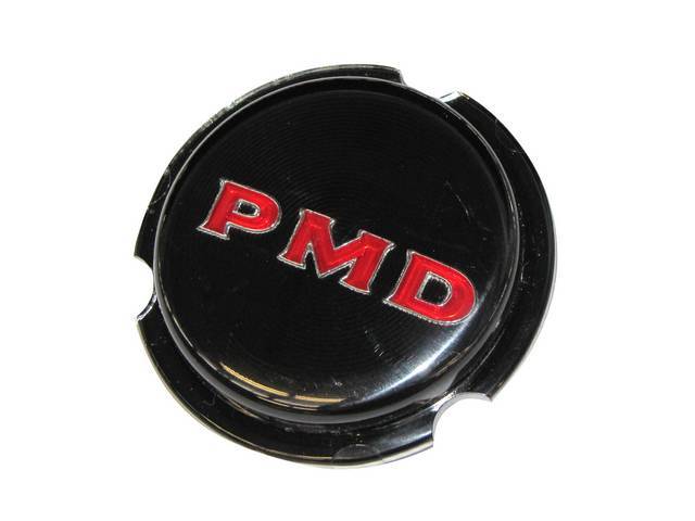 INSERT / MEDALLION, Wheel Ornament, Rally II, *PMD* in red on a black background, Uses A Lock Plate To Retain (OE Used Clips), Repro