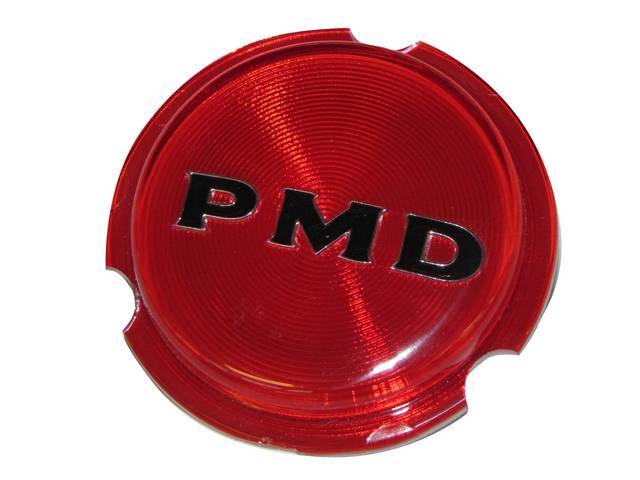 INSERT / MEDALLION, Wheel Ornament, Rally II, *PMD* in black on a red background, 2 1/8 Inch O.D., Repro