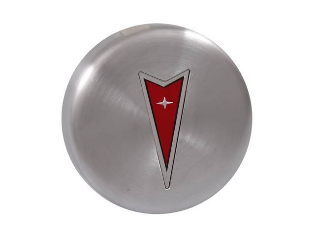 ORNAMENT, Wheel Center, Brushed finish w/ Red arrowhead, Push on style (Uses clips to retain), Use w/ Rally II wheels, Repro