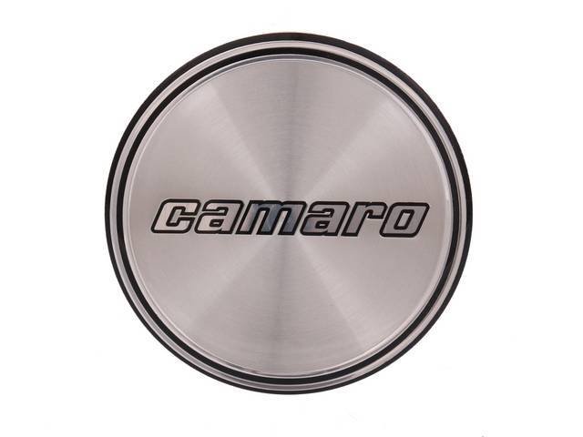 N90 Aluminum Wheel Center Cap Insert, Black / Black Rings and *Camaro* font as original, reproduction for (1980)