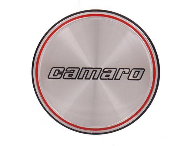 N90 Aluminum Wheel Center Cap Insert, Black / Red Rings and *Camaro* font as original, reproduction for (1980)