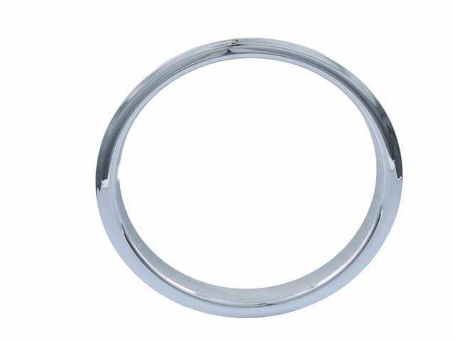 5-Spoke Rally Wheel Trim Ring, rounded flange, half-oval valve stem hole, polished stainless reproduction