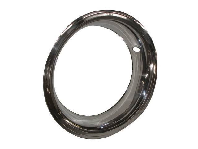 Trim Ring, Wheel, 15 X 3 Inch, 360 Degree Clip Attachment (No Interference W/ Wheel Weights), Square / Flat Radius Flange, Oval Valve Stem Hole, Polished Stainless Repro