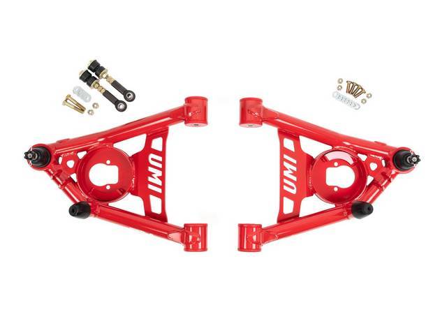 Tubular Lower Steering Control Arm, Red, UMI, incl Ball Joints, Urethane Bushings and Bump Stops