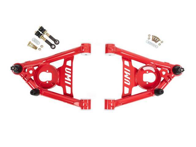 Tubular Lower Steering Control Arm, Red, UMI, incl Ball Joints, Delrin Bushings and Urethane Bump Stops