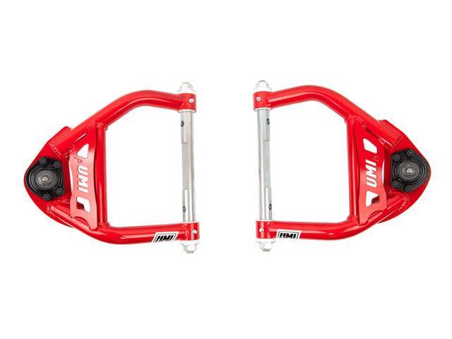 Tubular Upper Steering Control Arm Set, UMI, Red, Incl Delrin Bushings, Chromoly Cross Shafts, and Urethane bump stops