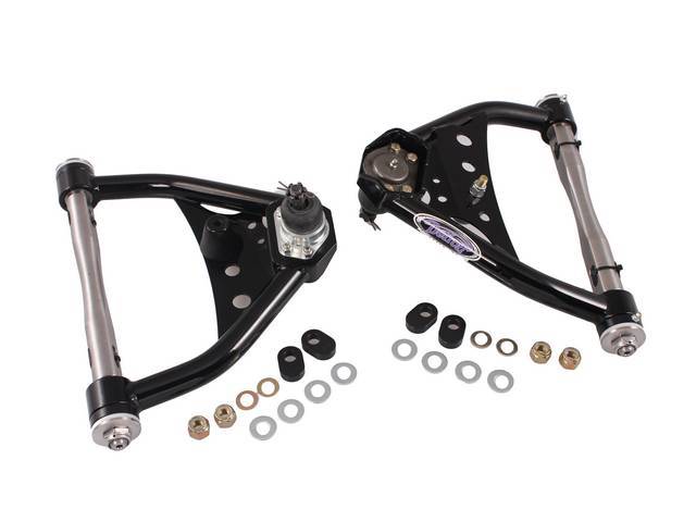 ARM SET, Steering Control, Tubular, Upper, Detroit Speed, Gloss Black Powder Coated Finish, US-Made, incl ball joints, greaseable delrin bushings, 2 sets of caster tuner bushings and urethane bumpers, Features: CNC stainless steel cross shafts, ball joint