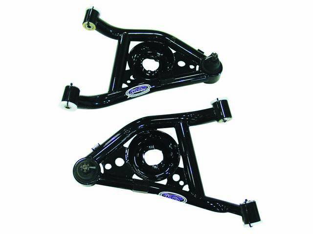 ARM SET, Steering Control, Tubular, Lower, Detroit Speed, Gloss Black Powder Coated Finish, US-Made, Incl ball joints, steering stops, jounce bumpers and delrin bushings, Features: robust tubular design w/ gussets and a cross brace, 1/2 inch dropped sprin