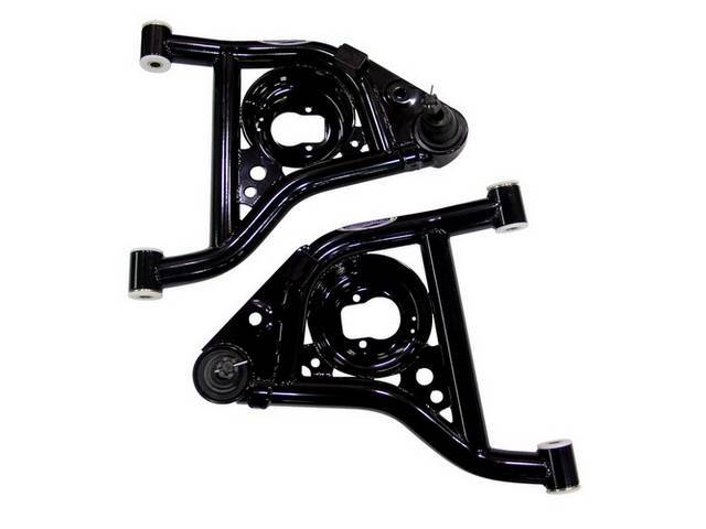 ARM SET, Steering Control, Tubular, Lower, Detroit Speed, Gloss Black Powder Coated Finish, US-Made, Incl ball joints, steering stops, jounce bumpers and delrin bushings, Features: robust tubular design w/ gussets and a cross brace, 1/2 inch dropped sprin