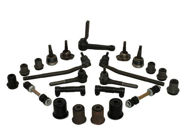 Suspension Rebuild Kit, Front, Comprehensive, featuring service grade parts, includes upper and lower ball joints, upper and lower rubber control arm bushings, inner and outer tie rods, adjusting sleeves, idler arm and sway bar end links, Service Grade go