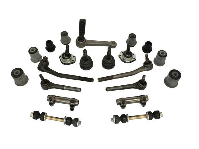Suspension Rebuild Kit, Front, Comprehensive, featuring service grade parts, includes upper and lower ball joints, upper and lower rubber control arm bushings, inner and outer tie rods, adjusting sleeves, idler arm and sway bar end links, Service Grade go