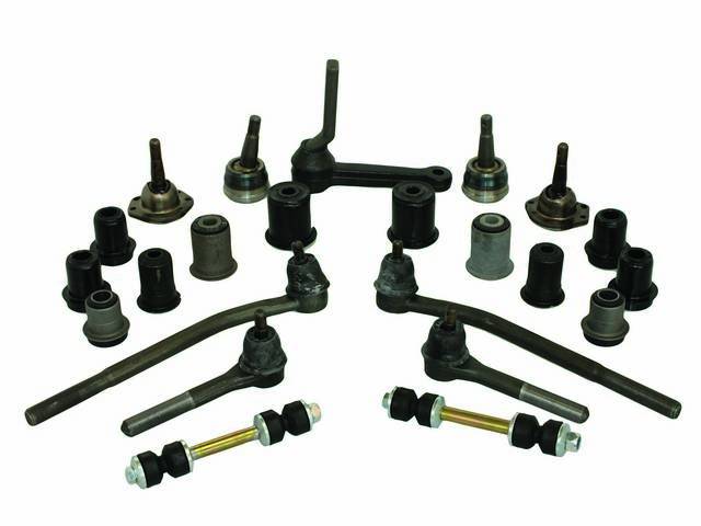 Suspension Rebuild Kit, Front, Comprehensive, featuring OE style parts, includes upper and lower ball joints, upper and lower rubber control arm bushings, inner and outer tie rods, adjusting sleeves, idler arm and sway bar end links, OE-style replacement 