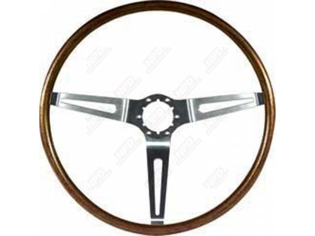 STEERING WHEEL, Dlx Woodgrain 3 Spoke, Walnut w/ brushed aluminum spokes, 16 inch o.d. w/ 4 inch dish, adapter, contact, center cap and hardware not incl, repro