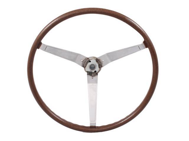 STEERING WHEEL, Dlx Woodgrain 3 Spoke (custom sport wheel), walnut w/ brushed aluminum spokes, adapter, contact, center cap and hardware sold separately, repro