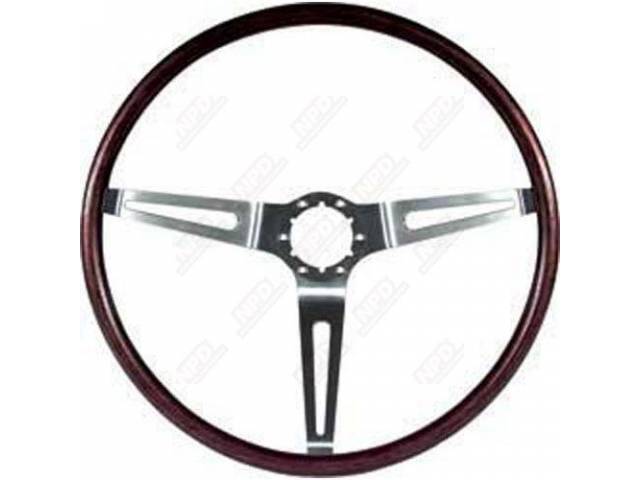 STEERING WHEEL, Dlx Woodgrain 3 Spoke, Rosewood w/ brushed aluminum spokes, 16 inch o.d. w/ 4 inch dish, adapter, contact, center cap and hardware not incl, repro
