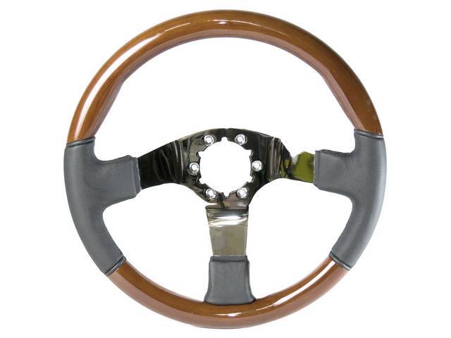 STEERING WHEEL, Volante, S6 Sport 6 Bolt Series, 3 Spoke Solid, Mahogany Wood / Black Leather Outer Rim w/ Chrome Center, 14 inch O.D. w/ a 2-1/2 Inch Dish 