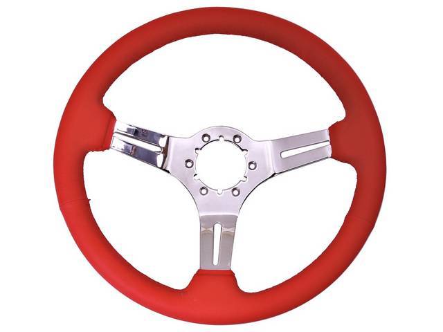 STEERING WHEEL, Volante, S6 Sport 6 Bolt Series, 3 Spoke w/ Slots, Red Leather Outer Rim w/ Chrome Center, 14 Inch O.D. w/ a 2-1/2 Inch Dish 