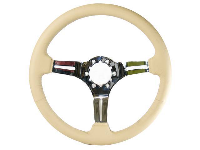 STEERING WHEEL, Volante, S6 Sport 6 Bolt Series, 3 Spoke w/ Slots, Tan Leather Outer Rim w/ Chrome Center, 14 Inch O.D. w/ a 2-1/2 Inch Dish 