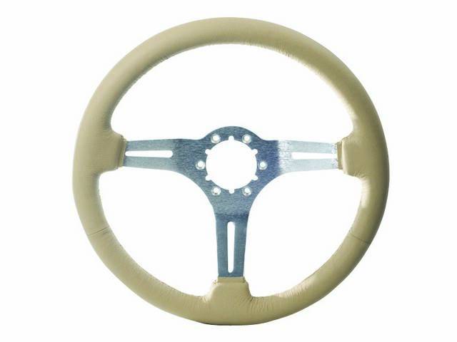 STEERING WHEEL, Volante, S6 Sport 6 Bolt Series, 3 Spoke w/ Slots, Tan Leather Outer Rim w/ Brushed Aluminum Center, 14 Inch O.D. w/ a 2-1/2 Inch Dish 