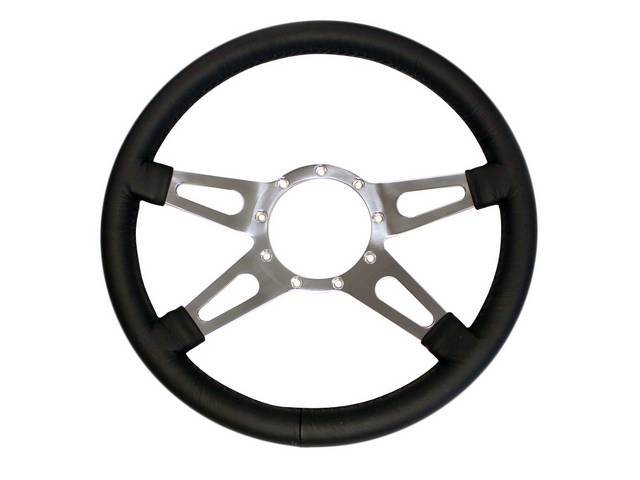 STEERING WHEEL, Volante, S9 Premium 9 Bolt Series, 4 Spoke w/ Slots, Black Leather Outer Rim w/ Polished Aluminum Center, 14 Inch O.D. w/ a 2 Inch Dish 
