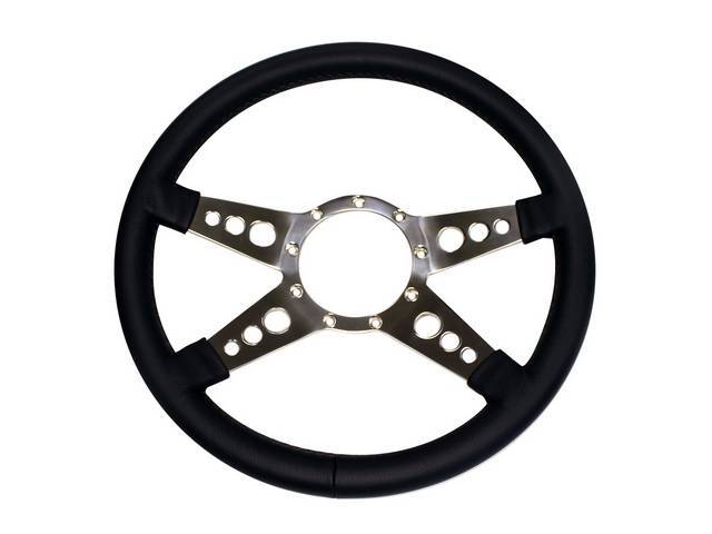 STEERING WHEEL, Volante, S9 Premium 9 Bolt Series, 4 Spoke w/ Holes, Black Leather Outer Rim w/ Polished Aluminum Center, 14 Inch O.D. w/ a 2 Inch Dish 