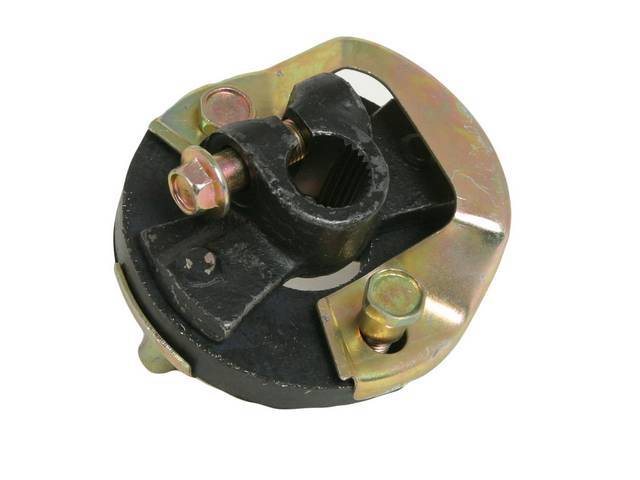 COUPLING, Steering Joint, M/S, replacement-style repro of p/n C-6525-4 or -6, .44 inch thick rubber isolater (GM is .34 inch thick), steering box shaft collar is splined on 1/2 of the area, has a flat spot, and is 11/16" i.d., incl hardware, Repro