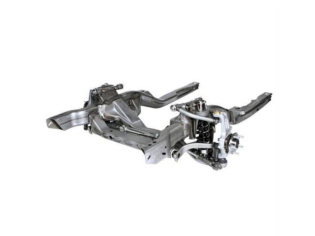Hydroformed Subframe, Complete, Detroit Speed, ease of bolt-on components, Improved Handling and Pro-Touring Stance, offered in uncoated bare metal, US-Made, incl hydroformed frame rails, stamped crossmembers, tubular upper and lower control arms, DSE/JRI