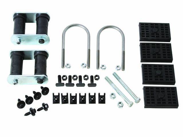 MOUNT KIT, LEAF SPRING MASTER, MULTI-LEAF, INCL 2 SHACKLES, 2 FRONT EYE BOLTS, FRONT BRACKET BOLTS And NUTS, 2 U BOLTS, 4 T STUDS And 4 RUBBER CUSHIONS, Repro