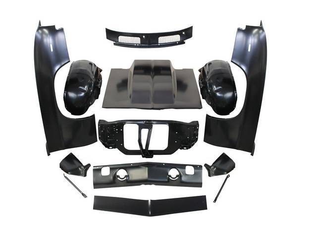 SHEET METAL PACKAGE, Front End, incl fenders, fender extensions, radiator core support, fender to core support braces, inner wheelhouses, cowl vent grille, header panel, valance panel, 4 inch cowl induction hood and hood latch / lock support, all parts ar