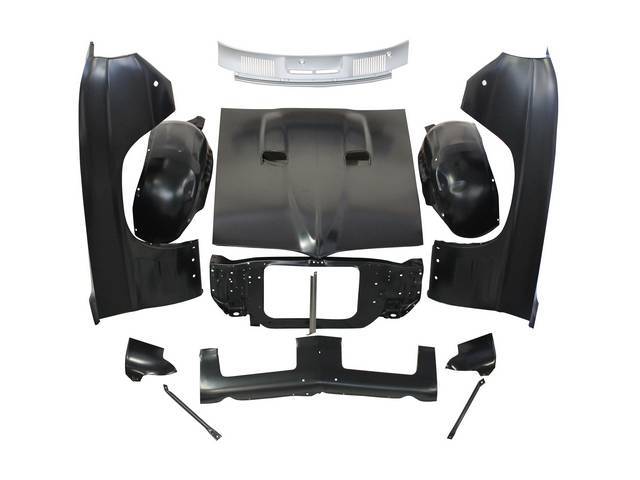 SHEET METAL PACKAGE, Front End, incl fenders, radiator core support, fender to core support braces, inner wheelhouses, cowl vent grille, valance panel, 400-style twin scoop hood and hood latch brace, all parts are EDP coated or black finish, repro 