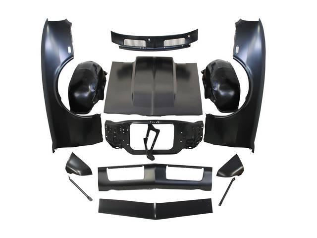 SHEET METAL PACKAGE, Front End, incl fenders, fender extensions, radiator core support, fender to core support braces, inner wheelhouses, cowl vent grille, header panel, valance panel, 2 inch cowl induction hood and hood latch / lock support, all parts ar