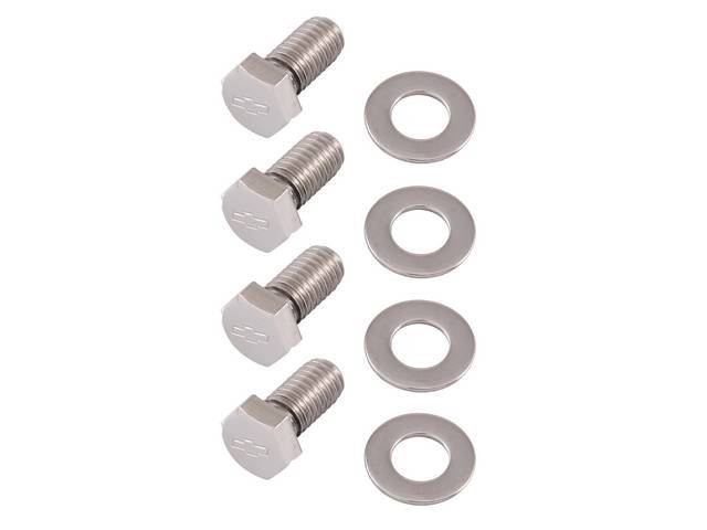 BOLT KIT, Hood Hinge, (16) incl hex cap polished stainless bolts w/ *Bowtie* (3/8 Inch-16 X 7/8 inch Over All Length W/ Hex Head) and 8 flat washers, Repro
