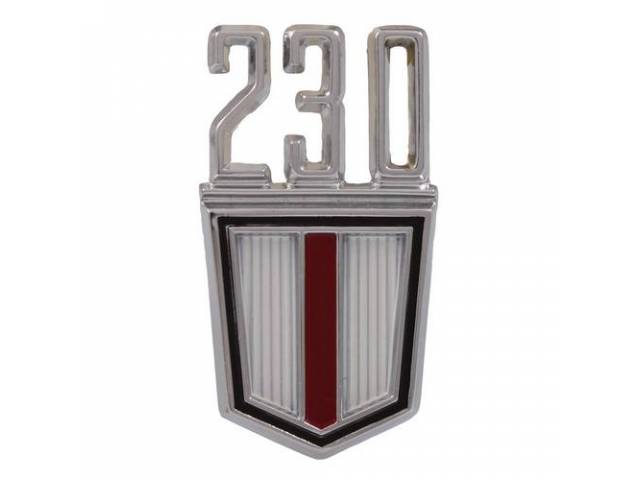 *230* Front Fender Emblem, chrome plated die-cast metal w/ red and white painted Crest, reproduction